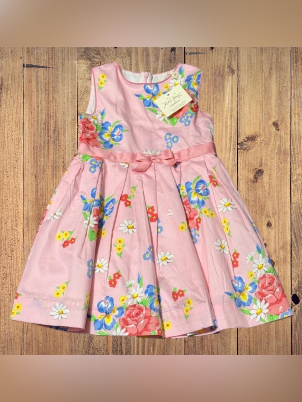 Rachel Riley Pink Floral Cotton Sleeveless Pleated Dress Bow Lined Girl 3 NWT